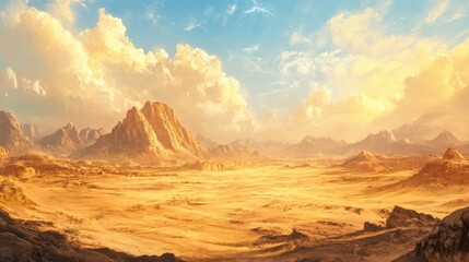 Naklejka premium Golden Desert Panorama: Majestic Mountains under a Cloudy Sky