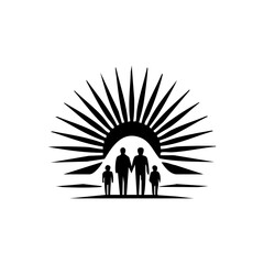 Minimalist black vector icon of a family holding hands under rising sun rays.

