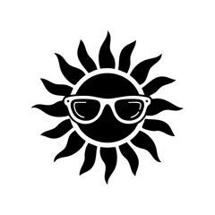 Fototapeta premium Vector logo of a cheerful sun wearing sunglasses in a minimal style.