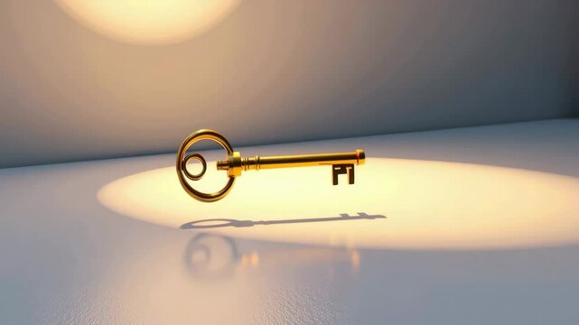 A golden vintage key rests on a smooth surface, illuminated by soft, warm light and casting a distinct shadow.