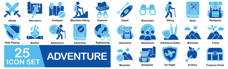 Adventure Icon Set With Attack, Compass, Mountain Hiking, Explorer, Kayak, Binoculars, Hiking, Book, Backpack, Role Playing, Bonfire