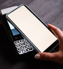 Girl Holding In Hand Smartphone Over Wireless Terminal With White Screen