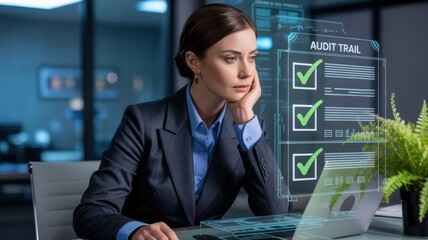 Businesswoman reviewing audit trail on laptop.