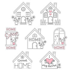 Vector set of cute houses decorated with flowers and hearts, sweet home concept. Cartoon style illustration. Black and white line art stickers.