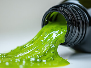 Close up image of vibrant green slime pouring from black container, showcasing its glossy and gooey texture. slime appears thick and shiny, creating playful and tactile visual