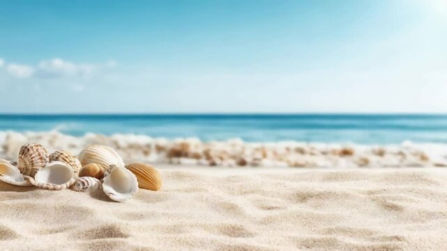 A close-up of a sea shell resting on golden sand, with gentle ocean waves and a clear blue sky creating a serene beach backdrop. 4K video footage.