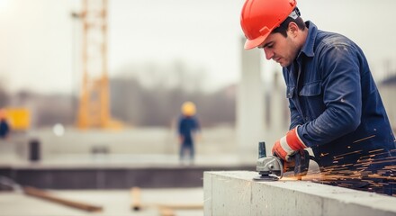 Construction worker using angle grinder with sparks on concrete