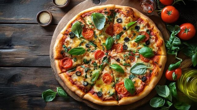 Top view of a freshly baked pizza decorated with vibrant ingredients like basil, tomatoes, and cheese. A delicious representation of classic Italian cuisine. 4K video footage.