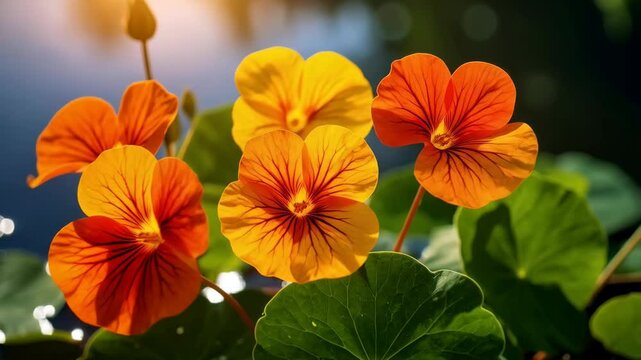 Close-up of vibrant orange and yellow nasturtium flowers with green leaves floating on water on a sunny day