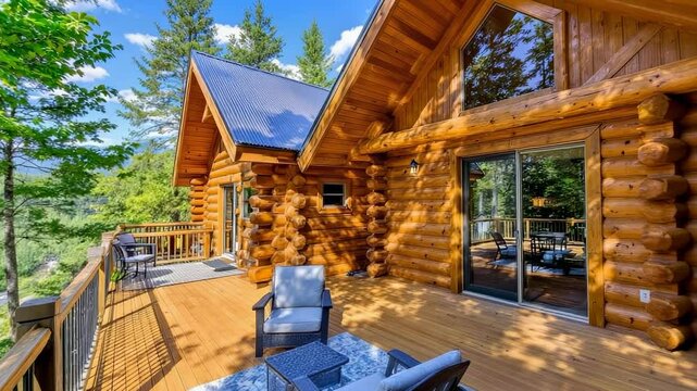 log cabin home exterior showing deck and furniture overlooking trees with a clear sky background
