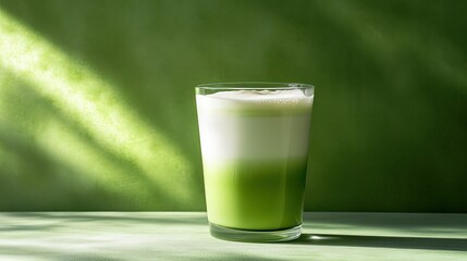 Matcha latte in ceramic cup with milk foam on green background, soft lighting casting subtle shadows, minimalist composition with decorative paper square and dark green wall for beverage menus, cafe p