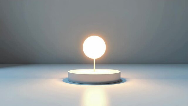 A glowing spherical lamp sits on a round pedestal in a minimalistic, softly lit room.