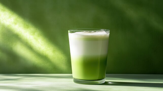 Matcha latte in ceramic cup with milk foam on green background, soft lighting casting subtle shadows, minimalist composition with decorative paper square and dark green wall for beverage menus, cafe p