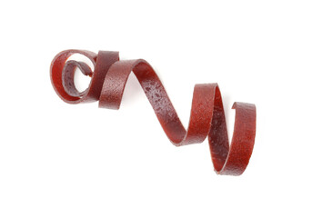 Delicious fruit leather roll on white background, top view