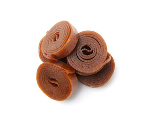 Delicious fruit leather rolls on white background, top view