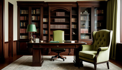 Study room interior, dark wood furniture. AI generated.