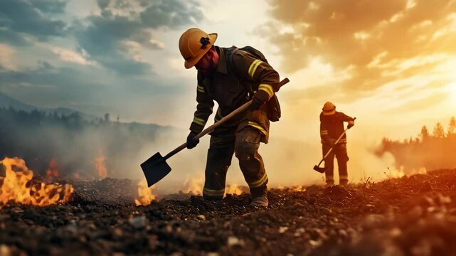Firefighter battling wildfire with shovel and axe in smoky forest at sunset, intense fire control and brave emergency response efforts