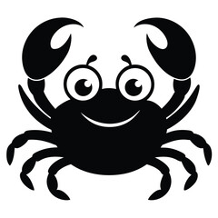Animated black crustacean happily smiles with two large claws raised high on a plain backdrop