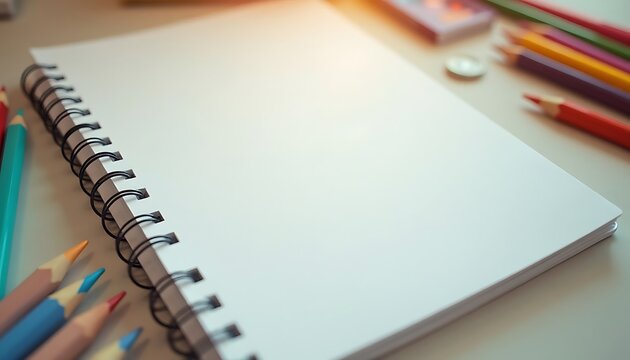 Close-up of blank spiral notebook with colored pencils near it.