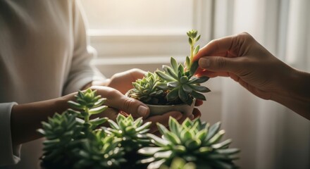 Hands holding and touching succulent plants. Gardening and home decor.