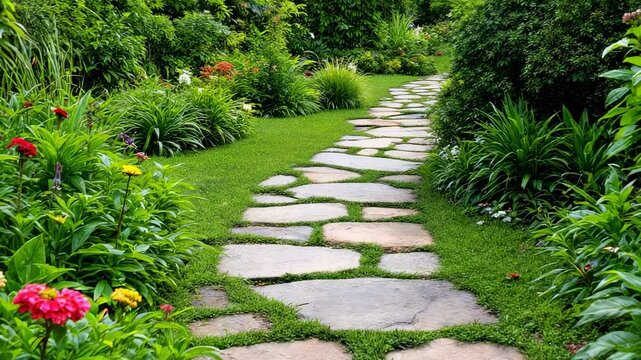 a tranquil garden path meandering through lush greenery and vibrant colorful flowerbeds