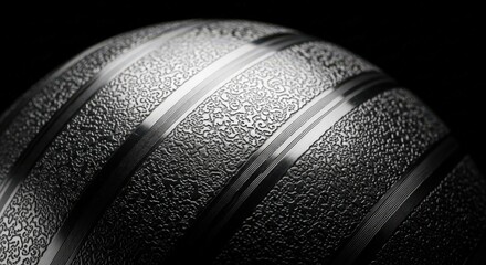 Abstract metal sphere with textured surface and diagonal stripes.