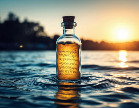 A bottle in the sea with a note inside. AI generated. - Powered by Adobe