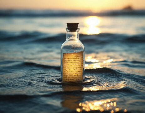 A bottle in the sea with a note inside. AI generated.