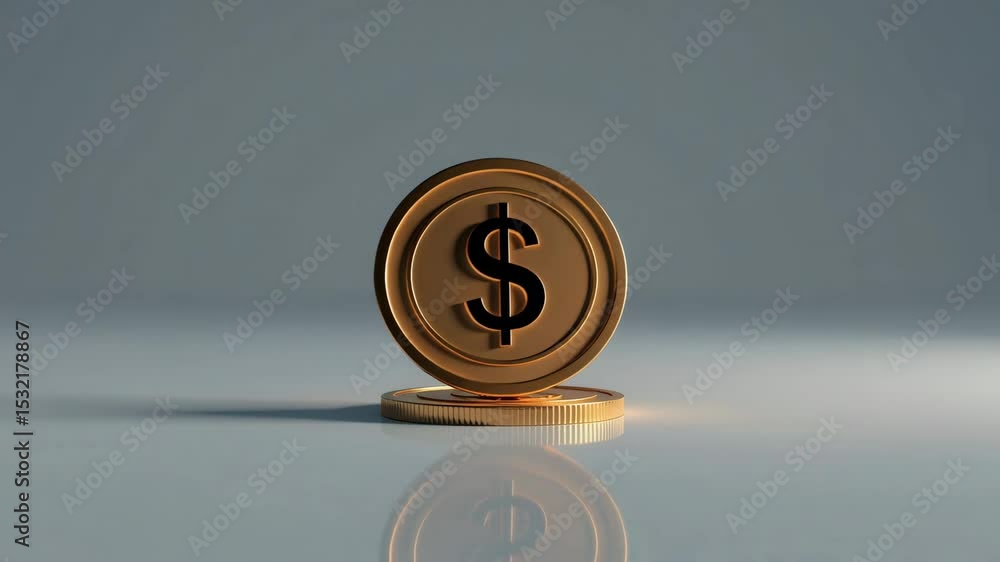 Poster a shiny gold coin with a dollar sign stands upright on a reflective surface in a minimalistic settin