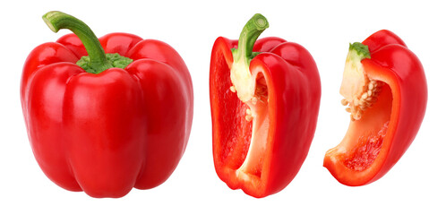 red sweet bell pepper, half and slices isolated, transparent PNG, PNG format, cut out, collection