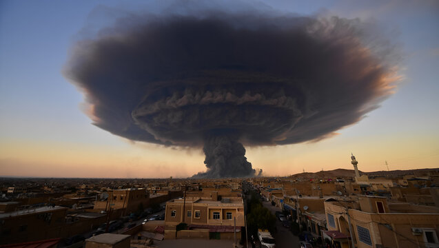 Nuclear explosion in the form of a mushroom. Military conflict. Threat of nuclear war. AI generated.