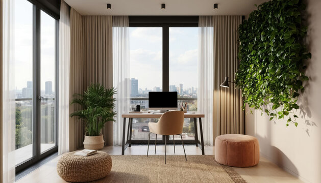 Interior of a small office with panoramic windows in a multi-story building. Generated by AI.