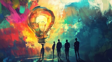 Fototapeta premium Abstract illustration of a large lightbulb over a group of people, symbolizing creative ideas and inspiration