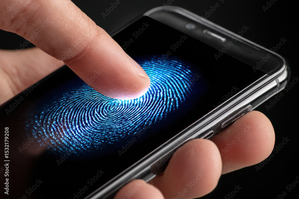 Poster fingerprint recognition technology is activated by user on smartphone device