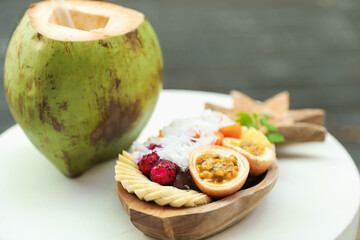 Different fresh fruits on white table, closeup