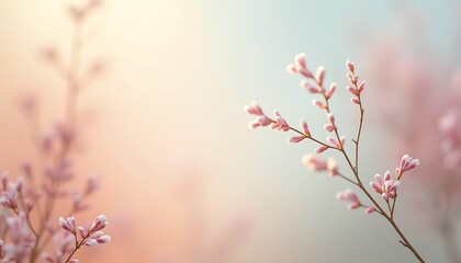 Close-up of delicate pink flower buds on branch against pastel background.