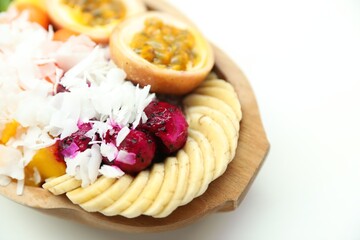 Different fresh fruits on white table, closeup. Space for text