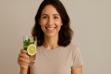 A young woman holds a glass of water with lemon and mint in her hand. Refreshing drink symbolizes healthy lifestyle and proper hydration