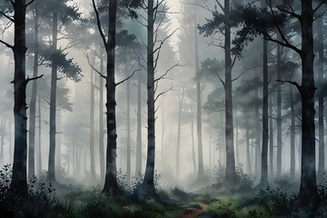 Fototapeta premium A foggy morning in a mystical forest in watercolor style