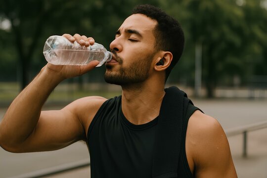 A person drinks water from a bottle after a workout, staying hydrated