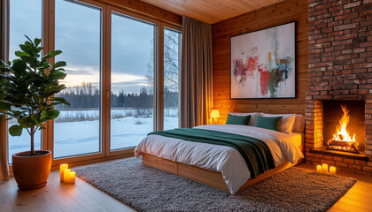 Fototapeta premium Interior of a cozy bedroom for a romantic weekend. Fireplace, candles, panoramic windows, cottage, hotel. Generated by AI.
