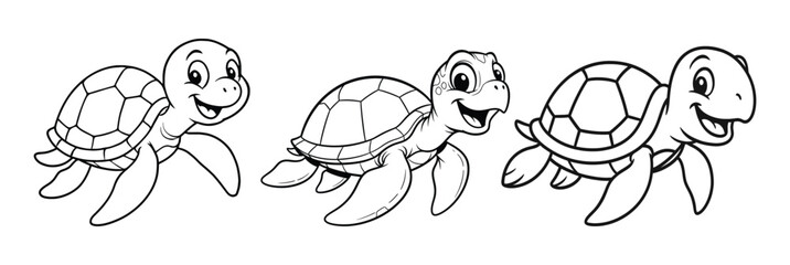 Cute Baby Sea Turtles Cartoon Outline Set for Coloring Book