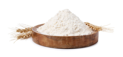 Wheat flour and spikes on white background