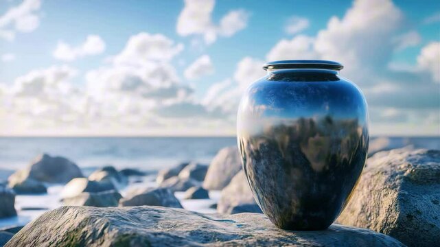 Ashes Urn on sea ocean background, Funeral, Cremation, Memorial, Tranquility concept 