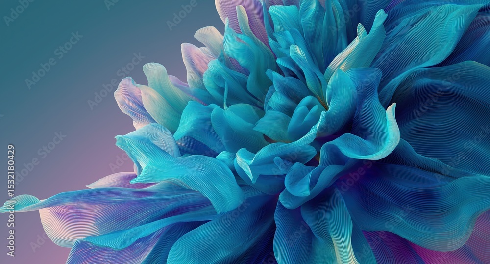 Poster elegant 3d abstract chrysanthemum with wavy petals and blue-teal gradient: modern floral design feat