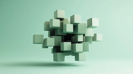 Obraz premium A cluster of pale green cubes floating in a light green space creating a geometric abstraction