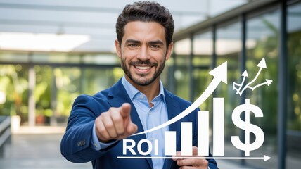 Businessman pointing at return on investment graphic.