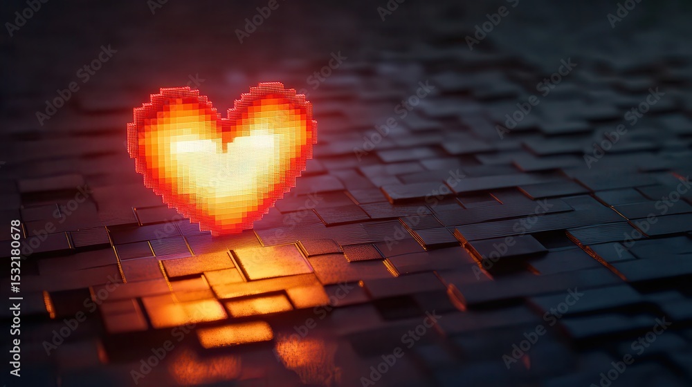 Poster glowing pixelated heart shape on a dark tiled surface with a warm light and soft focus background