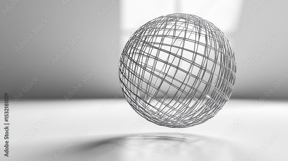 Poster a wireframe sphere floats above a white surface in a minimalist gray and white studio setting