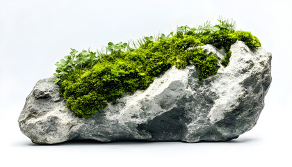 Limestone piece covered with green moss on white background, ideal for garden decoration